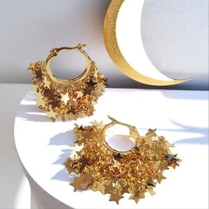 Gold Zillion Star Comet Cluster Dangle Hoop Earrings